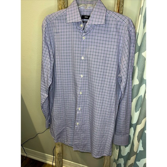 Boss‎ Hugo Boss Man’s Sharp Fit Purple Plaid Print Long Sleeve Shirt 15.5 32/33 - Picture 2 of 6